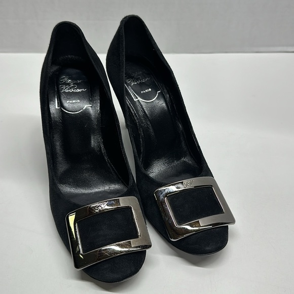 Roger Vivier High Heel Shoes Suede Pumps Round Toe Square Logo Black Size 36.5 - Picture 3 of 13